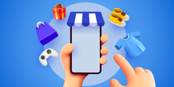 Vector mano sosteniendo teléfono móvil inteligente con aplicación de tienda y artículos de moda concepto de compras en línea