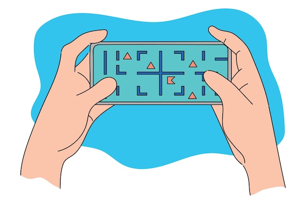 Vector mano sosteniendo un teléfono móvil y jugando juegos de laberinto diseño plano