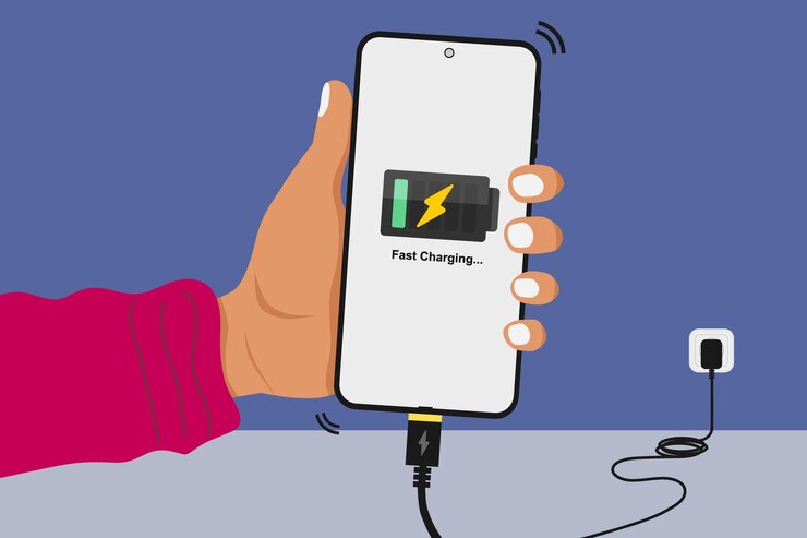 Vector la mano sosteniendo un teléfono móvil mientras carga la batería desde la toma de corriente de la pared ilustración vectorial