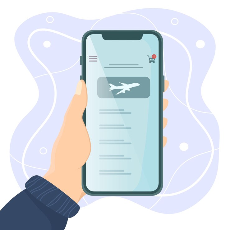 Vector mano sosteniendo un teléfono y reservando boletos de avión