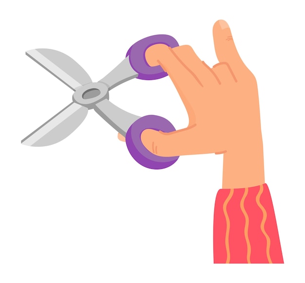 Mano sosteniendo unas tijeras abiertas. Icono de corte en estilo de dibujos animados. Ilustración vectorial