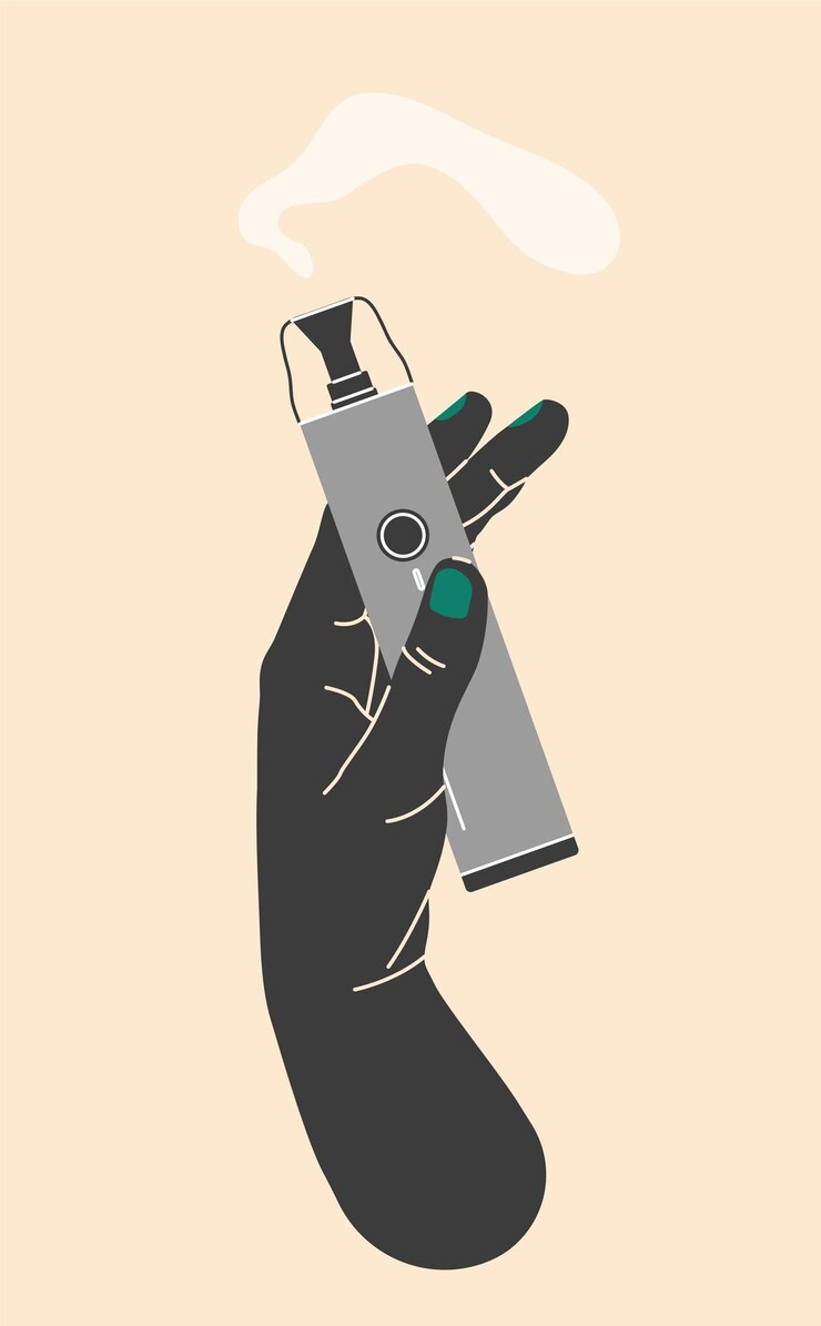 Vector mano sosteniendo vape, ilustración en color. cigarrillos electrónicos y concepto de vapeo. vector moderno