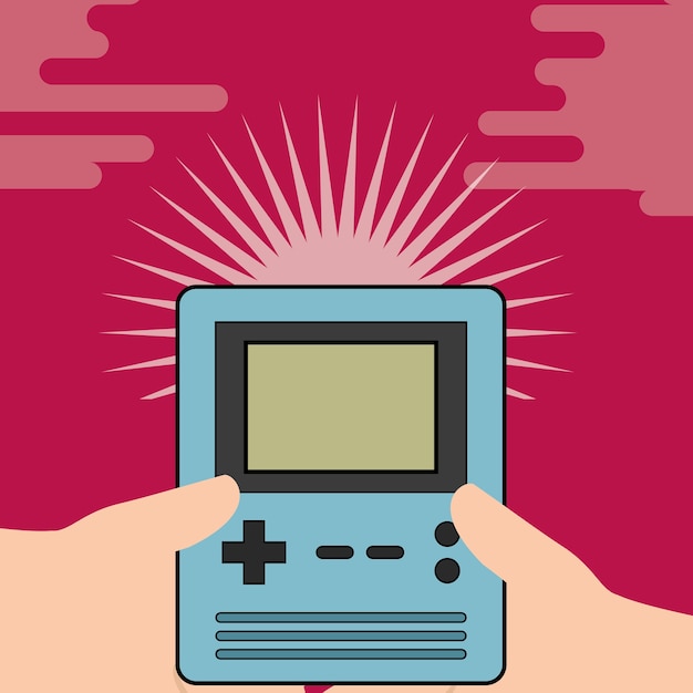 Vector mano sosteniendo videojuegos portátil retro