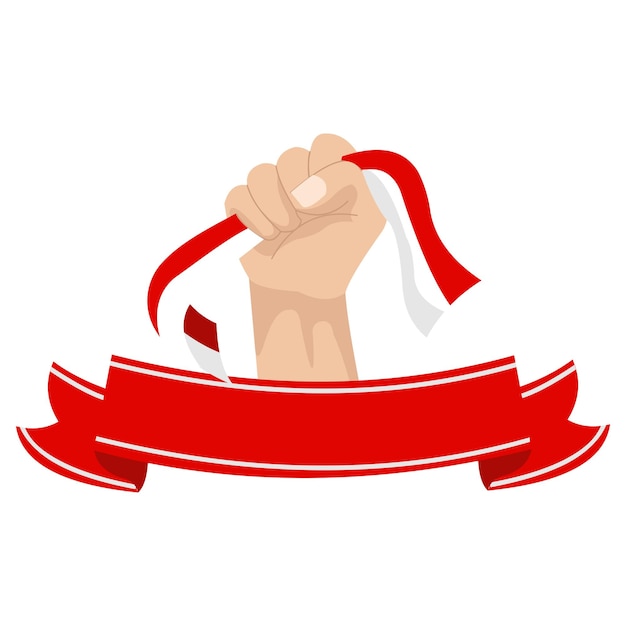 La mano sostiene la bandera de Indonesia con una cinta