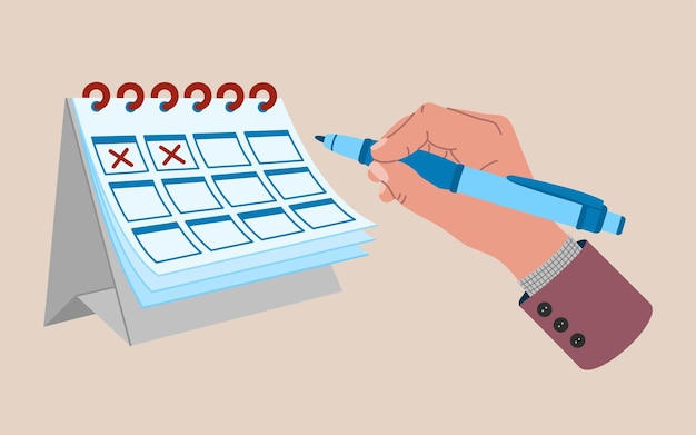 La mano sostiene un bolígrafo y hace marcas en un calendario de escritorio. Ilustración vectorial dibujada a mano aislada