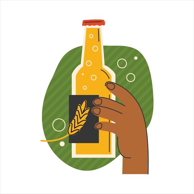 Mano sostiene una botella de cerveza Oktoberfest Festival pancarta o póster Toma una cerveza con tus amigos Vinilo Bebida fría alcohólica para las vacaciones Ilustración de vector dibujado a mano en estilo de dibujos animados