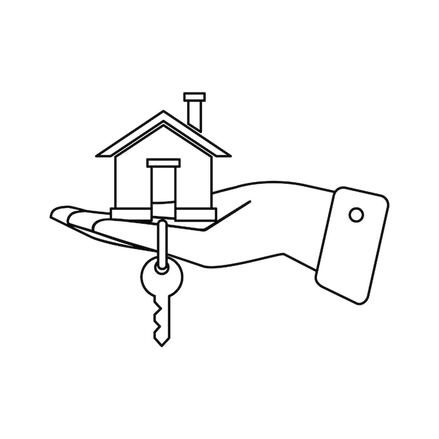 La mano sostiene la casa con concepto de construcción de llaves compra venta y arrendamiento de vivienda nueva