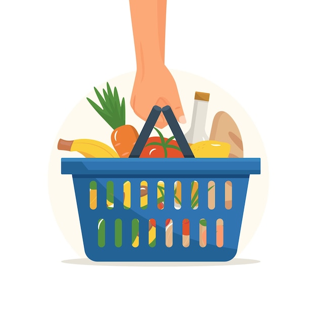 Vector mano sostiene la cesta de la compra llena de productos frescos comprar comestibles en el supermercado