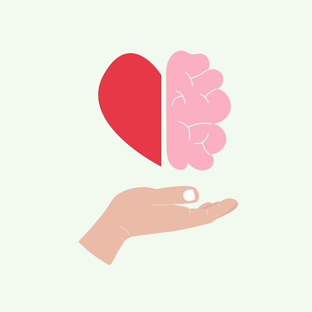 Vector la mano sostiene el corazón y el cerebro equilibrio de la mente y el concepto de sentimientos ilustración vectorial plana