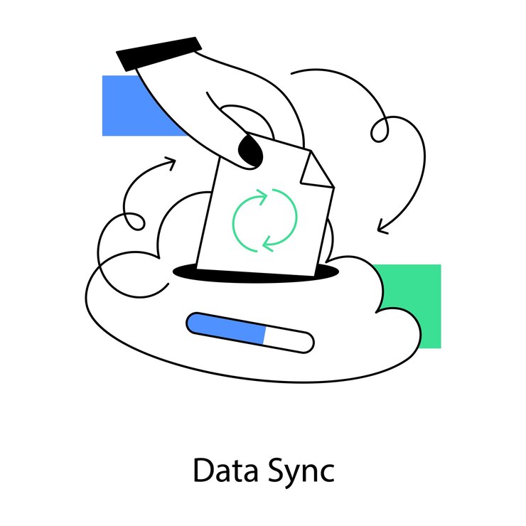 Vector una mano sostiene un cuadro que dice sincronización de datos.