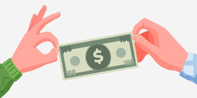 La mano sostiene el dinero y se lo da a otro Concepto de caridad y finanzas de salario Estilo plano moderno Aislado sobre fondo blanco