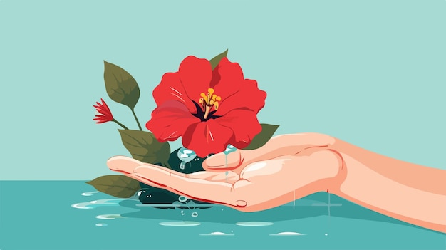 una mano sostiene una flor roja con las palabras hibisco en ella