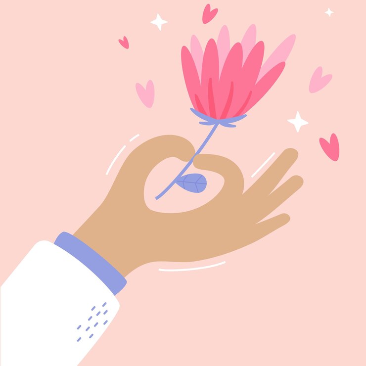 La mano sostiene una flor rosa Imagen vectorial sobre un fondo rosa con corazones