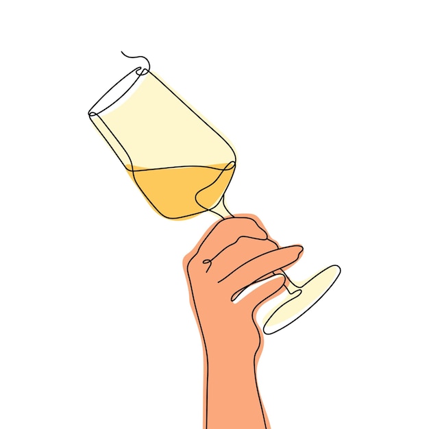 La mano sostiene una ilustración de una copa de vino en estilo de arte lineal