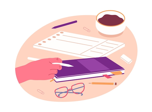 La mano sostiene el lápiz, escribe, llena el diario con la mano, firma, toma notas, ilustración vectorial plana, mano femenina con un cuaderno en blanco.