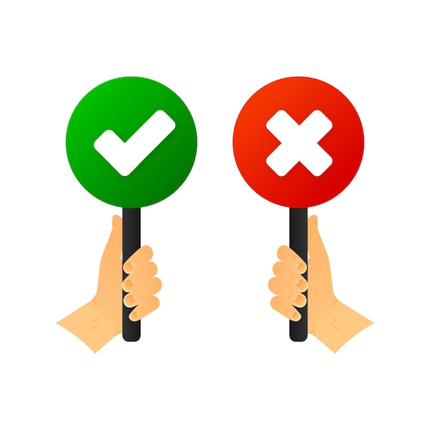 Una mano sostiene un letrero con una marca verde y una cruz roja Correcto e incorrecto para la retroalimentación No es una encuesta decisiva Concepto de votación Ilustración vectorial
