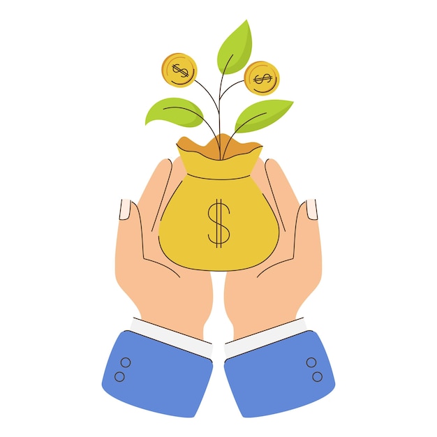 Una mano sostiene una olla amarilla con un árbol de dinero una bolsa con una planta con monedas de oro y hojas