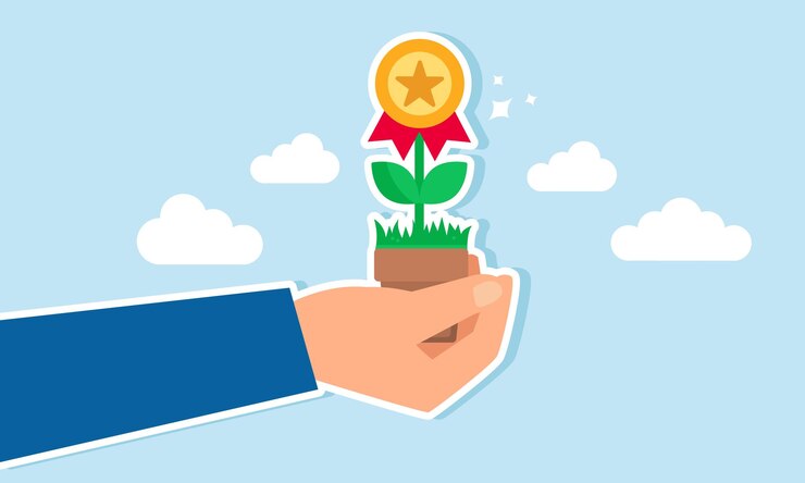 Vector una mano sostiene una planta en flor con una ilustración de medalla de premio para dar aprecio y reconocimiento por el trabajo duro
