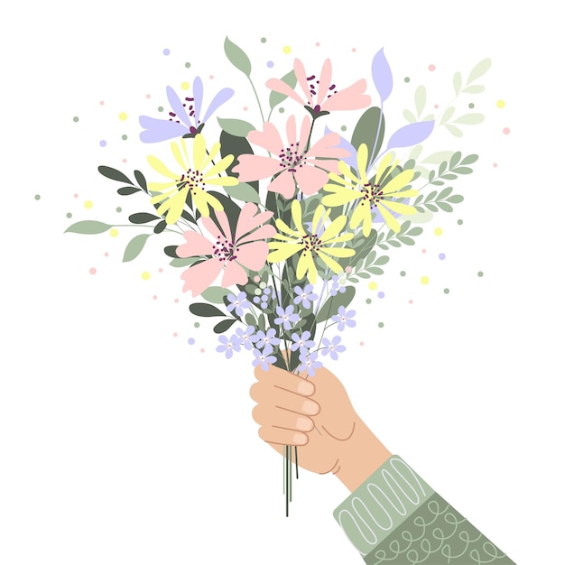 Mano sostiene un ramo de flores de primavera