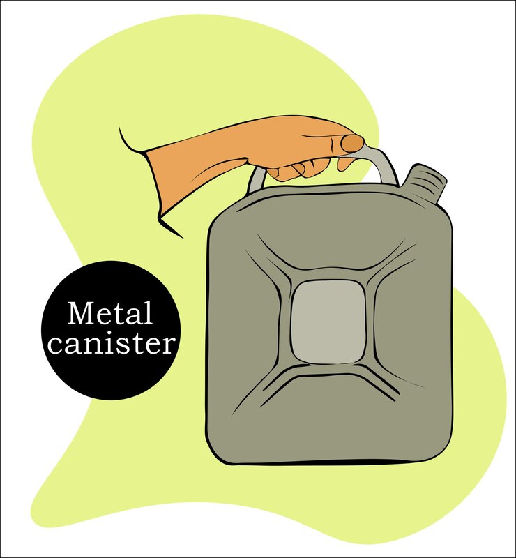 Mano sostiene un recipiente metálico para gasolina, diesel y líquidos lubricantes. Contenedor con un galón de combustible.
