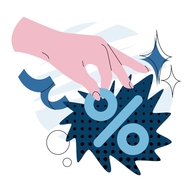 Una mano sostiene un signo de porcentaje rodeado de fuegos artificiales Anuncio de venta final grandes descuentos en productos Diseño de cupones para una tienda Vector ilustración aislada sobre fondo blanco