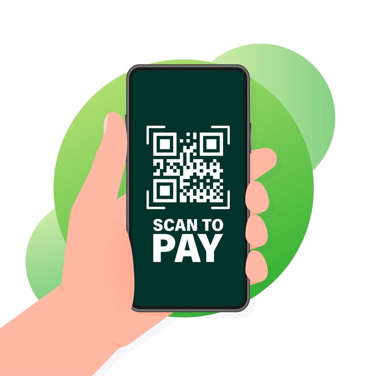 Vector la mano sostiene el teléfono con escaneo de código qr para pagar en la pantalla