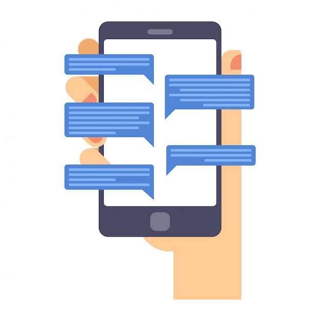 Vector la mano sostiene el teléfono inteligente con la aplicación de mensajería