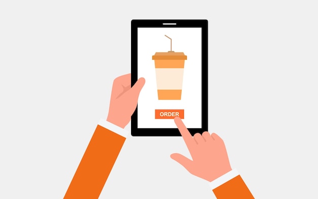 Una mano sostiene un teléfono inteligente con una aplicación para pedir comida a domicilio. diseño vectorial