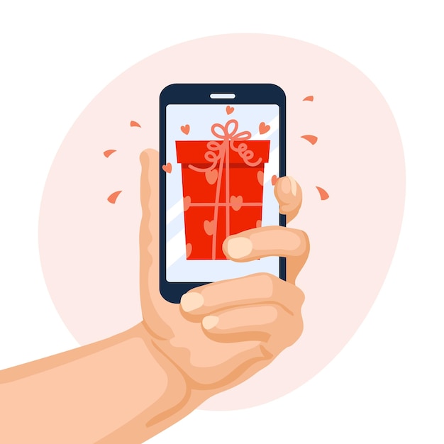 Una mano sostiene un teléfono inteligente con una caja de regalo en la pantalla. Concepto de regalos en línea. Ilustración
