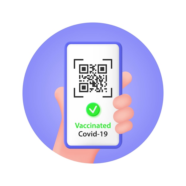 Una mano sostiene un teléfono inteligente con el código qr del certificado de vacunación covid-19. ilustración vectorial 3d.