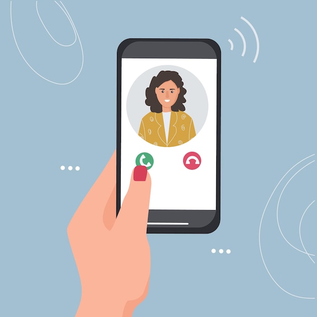 Vector una mano sostiene un teléfono inteligente con una llamada entrante retrato de una persona en la pantalla del teléfono