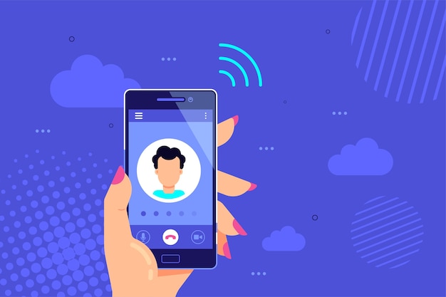 La mano sostiene el teléfono inteligente con llamada saliente en una pantalla. servicio de llamadas.