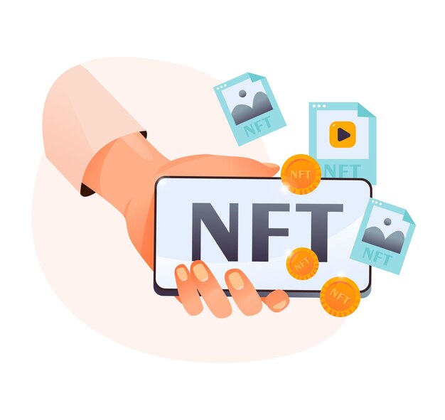 Mano sostiene un teléfono inteligente con nft-marketplace basado en tecnología blockchain, en la pantalla token NFT