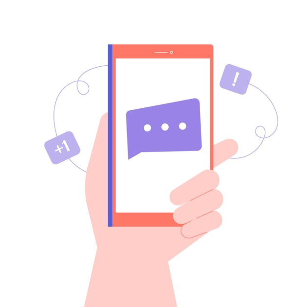 La mano sostiene el teléfono inteligente. Nuevo mensaje, notificación de una carta entrante, correo electrónico. Chats y comunicación en línea. ilustración plana