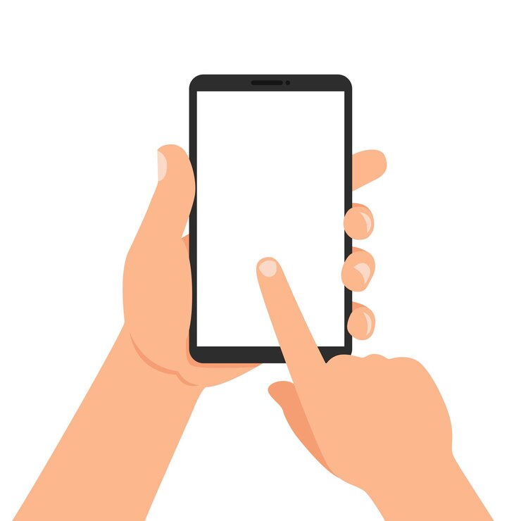 Vector una mano sostiene un teléfono inteligente y la otra toca la pantalla ilustración vectorial