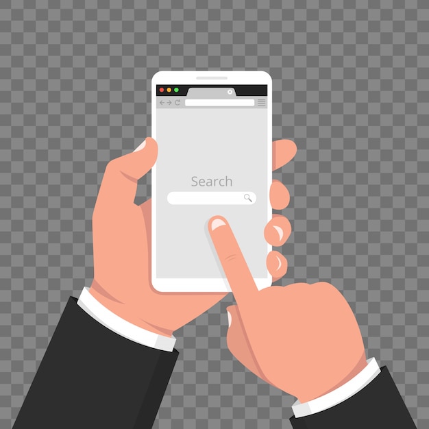 La mano sostiene el teléfono inteligente con la ventana del navegador de internet en una pantalla. Plantilla en blanco del navegador web en un estilo plano