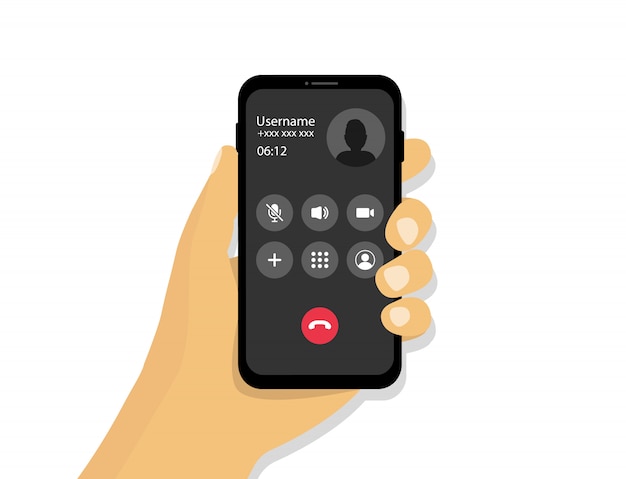 La mano sostiene un teléfono con una llamada entrante. Interfaz de llamada entrante recibida en estilo de dibujos animados.