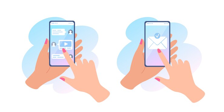 Vector una mano sostiene un teléfono con un mensaje en pantalla, enviando un mensaje y chat en línea, sobre en la pantalla táctil.