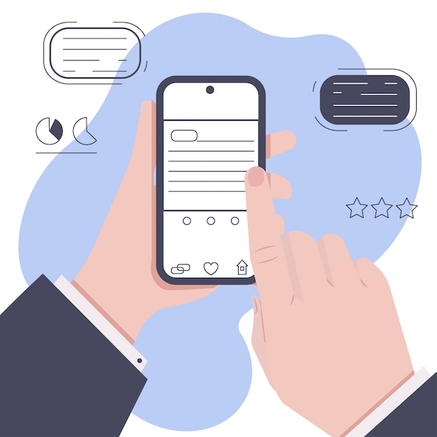Una mano sostiene el teléfono y la otra apunta a la pantalla. ilustración