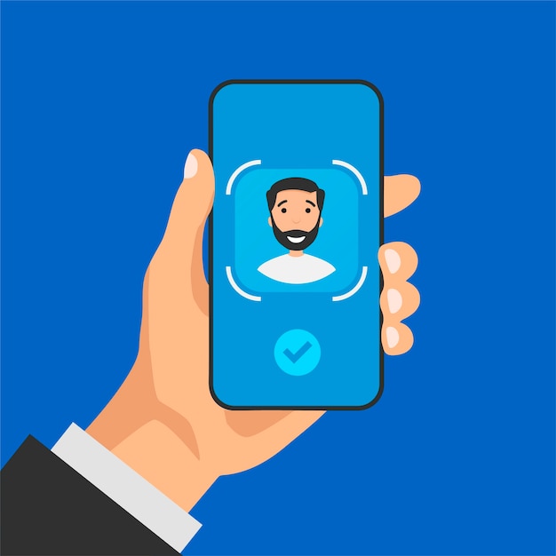 La mano sostiene el teléfono con tecnología de identificación facial en pantalla. proceso de escaneo facial en una pantalla. señales del sistema de reconocimiento facial. símbolos de seguridad de detección y acceso.