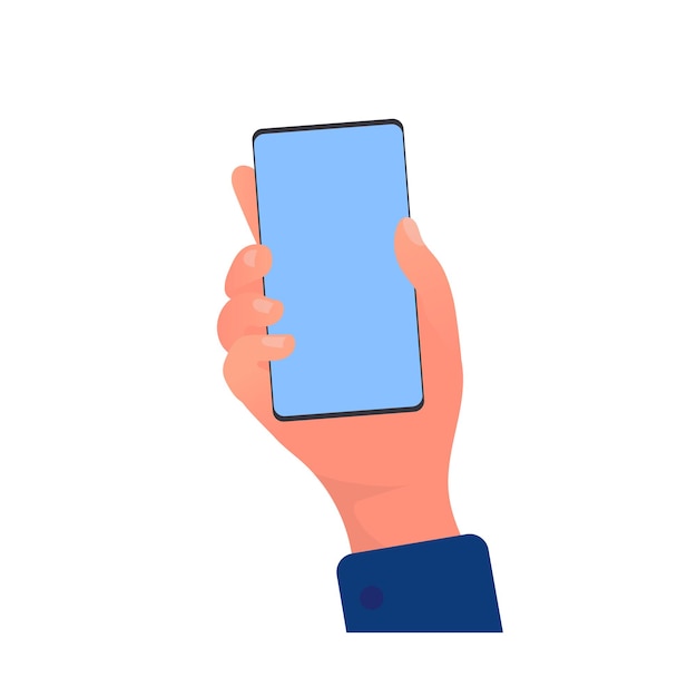 La mano sostiene un teléfono. Teléfono en mano aislado sobre fondo blanco. Vector.