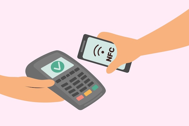 Una mano sostiene el terminal POS y otra mano paga por teléfono inteligente Pago sin contacto