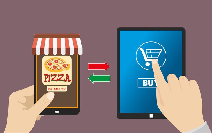 Vector una mano sostiene la tienda de teléfonos inteligentes y la otra sostiene una tableta con icono de comercio electrónico de compras