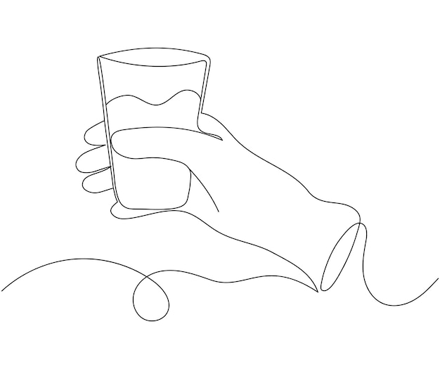 La mano sostiene un vaso en el estilo de una línea continua dibujando un vaso de agua en una línea continua