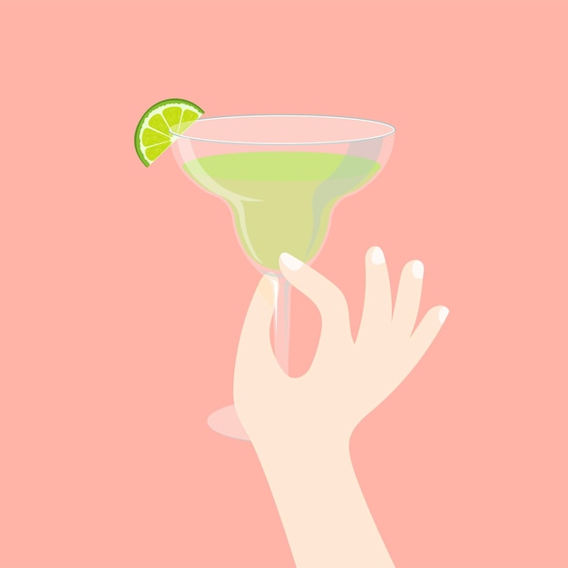 Una mano sostiene un vaso de una manera elegante cóctel Margarita con rodaja de limón Ilustración vectorial