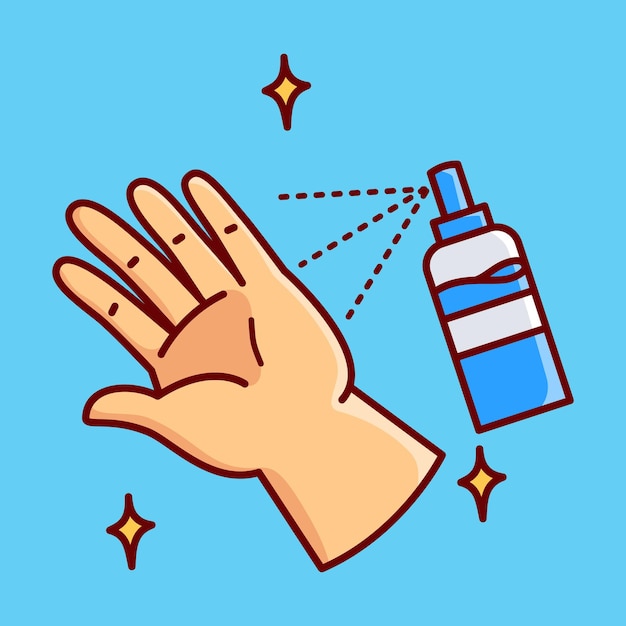 Mano con spray de limpieza azul Ilustración vectorial de icono Estilo de dibujos animados plano