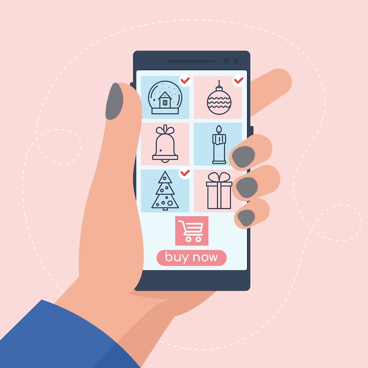 Vector mano sujetando smartphone con imágenes de iconos de productos compras navideñas en smartphone en línea ilustración vectorial en estilo plano