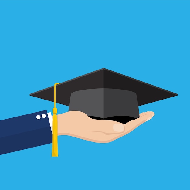 Mano sujetando la tapa de graduación Aislada sobre fondo blanco Dar ilustración de vector de concepto de educación en estilo plano