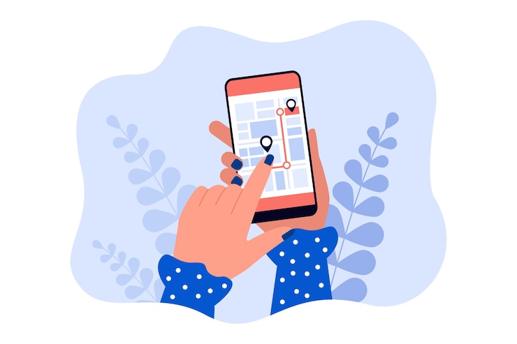 Vector mano sujetando el teléfono móvil con la aplicación de navegación. dedo tocando el mapa de la ilustración de vector plano de la ciudad. tecnología, concepto de transporte para banner, diseño de sitio web o página web de inicio
