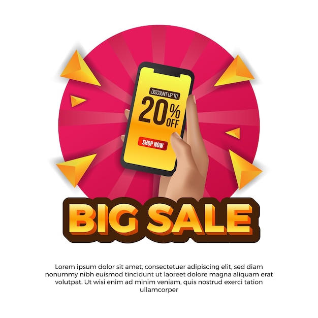 Mano sujetando el teléfono para la plantilla de redes sociales de gran venta. Promoción de marketing publicitario para productos con descuento en el comercio.